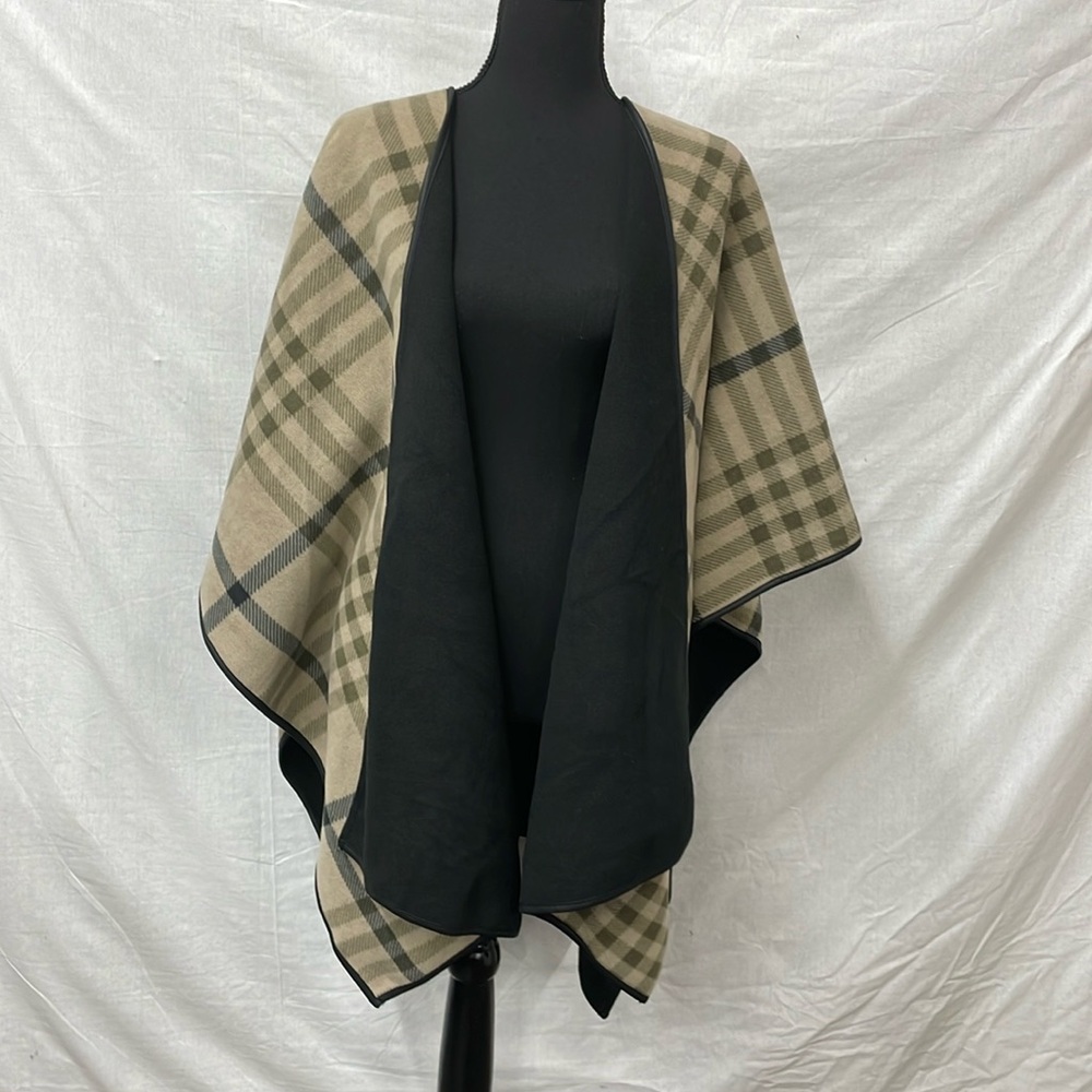 Eivissa tan & black plaid, reversible fleece cape/poncho/shawl, one size